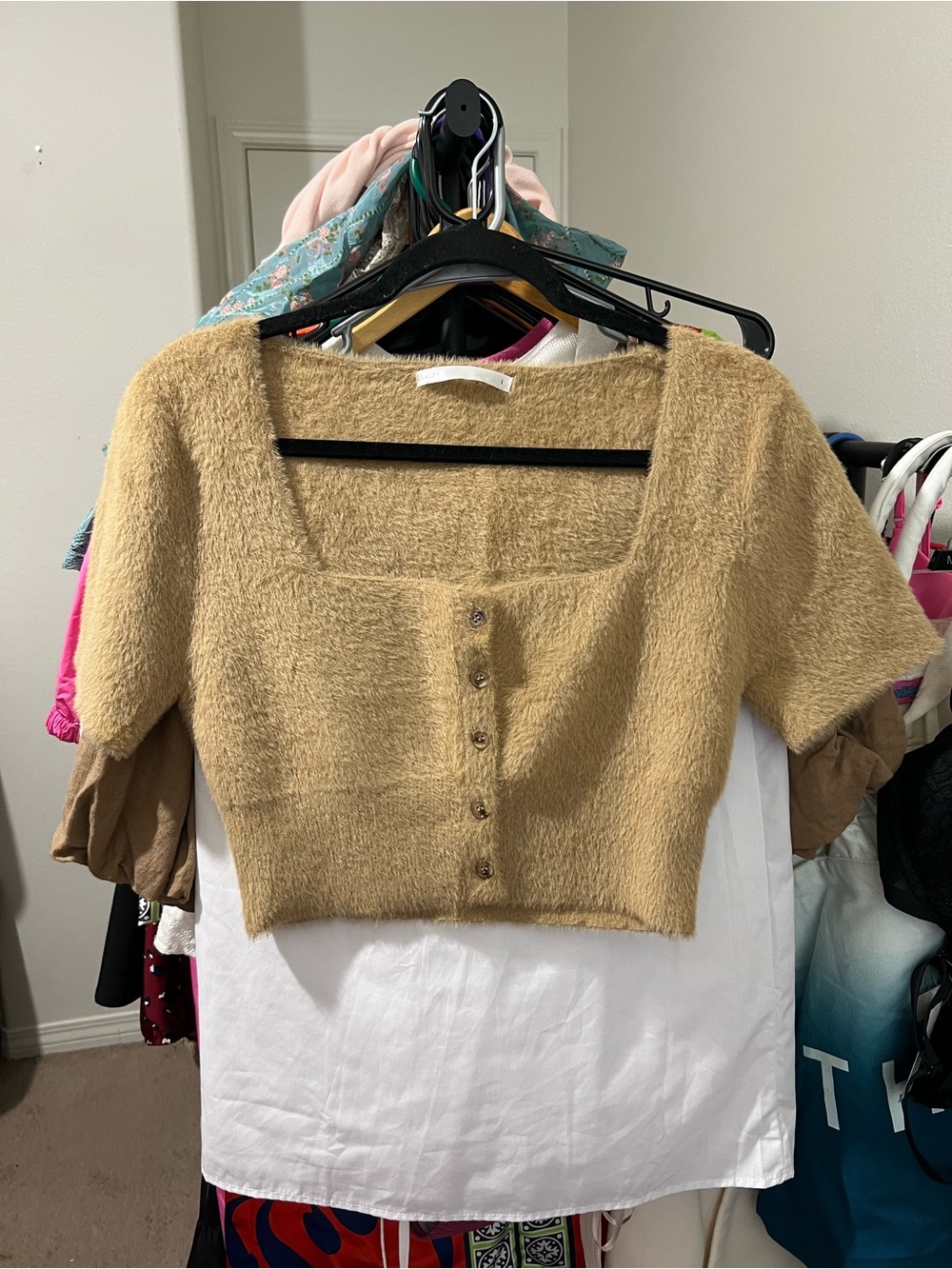 SALTY- Fuzzy Square-Neck Cropped Button Top in camel Tan/Brown